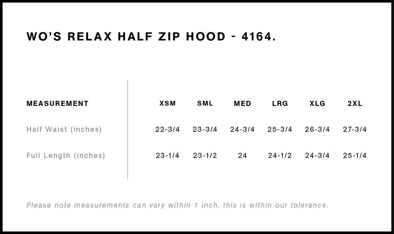 Size Chart for AS Colour Wo's Relax Half Zip Hood 4164