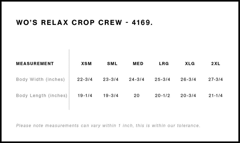 Size Chart for AS Colour Wo's Relax Crop Crew 4169