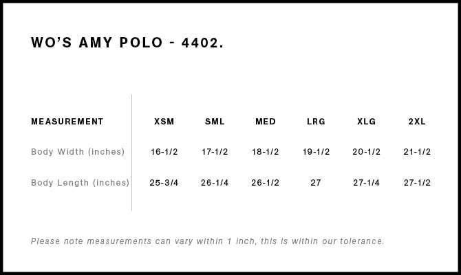 Size Chart for AS Colour Wo's Amy Polo 4402