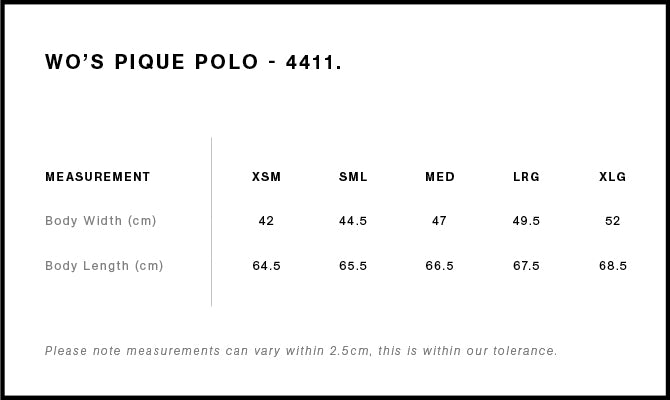 Size Chart for AS Colour Wo's Pique Polo 4411