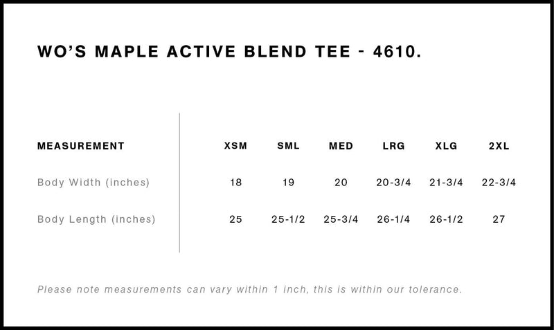 Size Chart for AS Colour Wo's Maple Active Blend Tee 4610