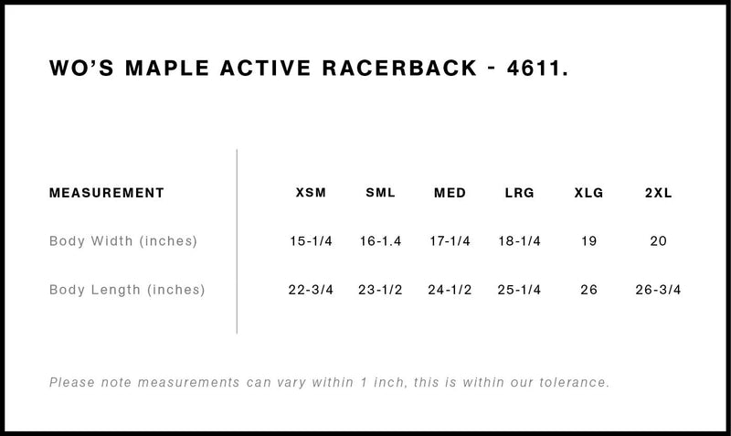 Size Chart for AS Colour Wo's Maple Active Blend Racerback 4611