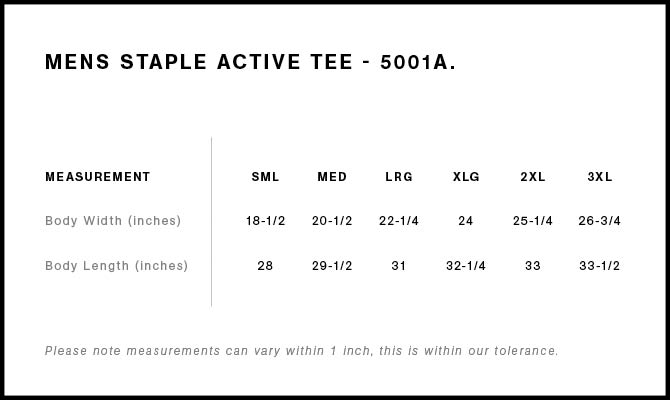 Size Chart for AS Colour Staple Active Tee 5001A