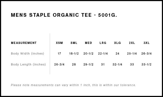 Size Chart for AS Colour Staple Organic Tee 5001G