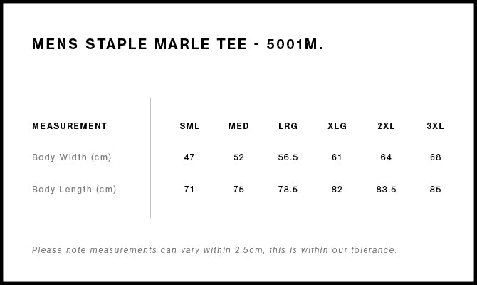 Size Chart for AS Colour Staple Marle Tee 5001M