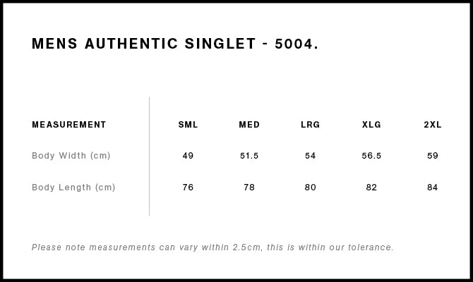Size Chart for AS Colour Authentic Singlet 5004