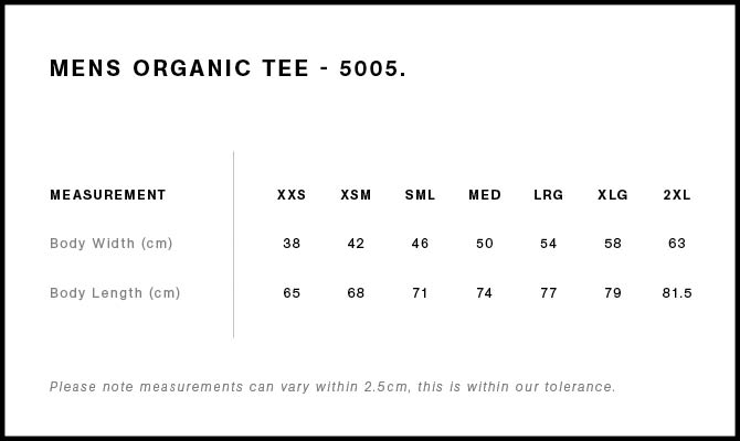 Size Chart for AS Colour Organic Tee 5005