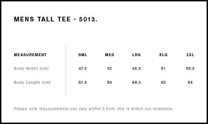 Size Chart for AS Colour Tall Tee 5013