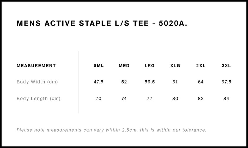 Size Chart for AS Colour Staple Active L/S Tee 5020A