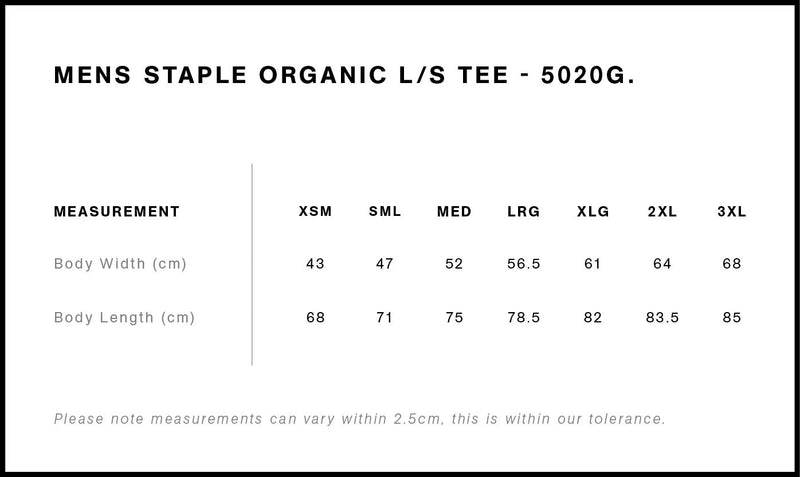 Size Chart for AS Colour Staple Organic L/S Tee 5020G
