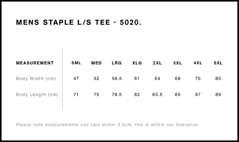 Size Chart for AS Colour Staple L/S Tee 5020