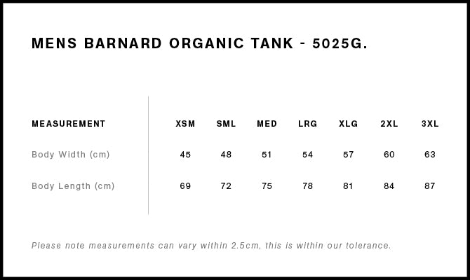 Size Chart for AS Colour Barnard Organic Tank 5025G