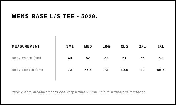 Size Chart for AS Colour Base L/S Tee 5029