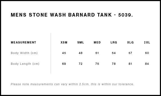 Size Chart for AS Colour Stone Wash Barnard Tank 5039