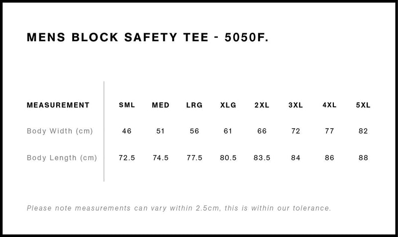 Size Chart for AS Colour Block Safety Tee - 5050F