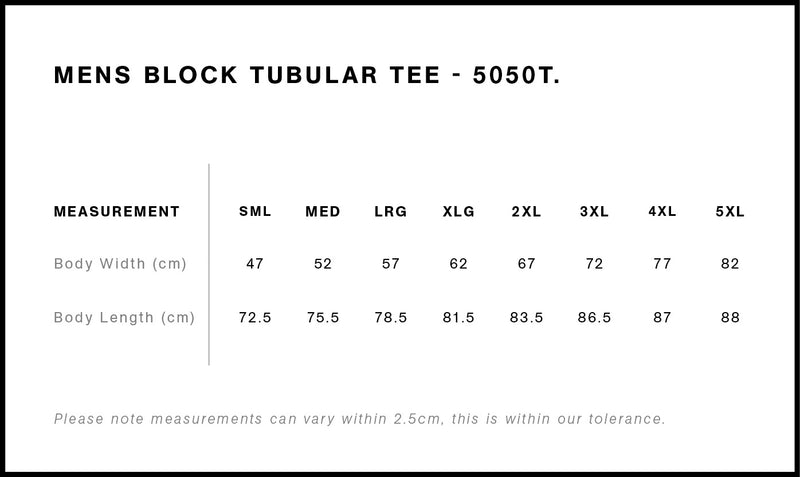 Size Chart for AS Colour Block Tubular Tee 5050T
