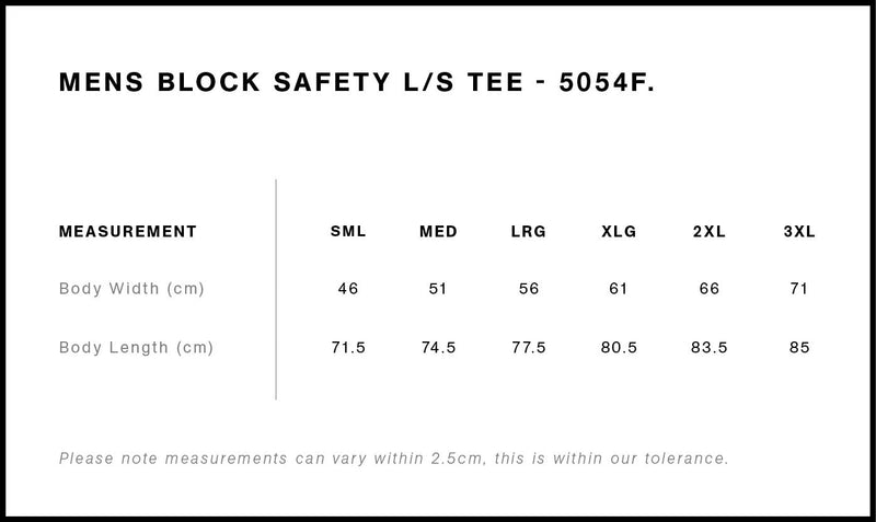 Size Chart for AS Colour Block Safety L/S Tee 5054F