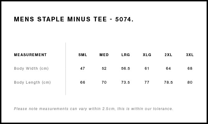 Size Chart for AS Colour Staple Minus Tee [-5cm] 5074