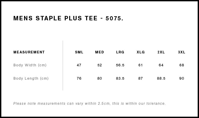 Size Chart for AS Colour Staple Plus Tee [+5cm] 5075