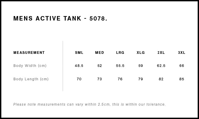Size Chart for AS Colour Staple Active Tank 5078