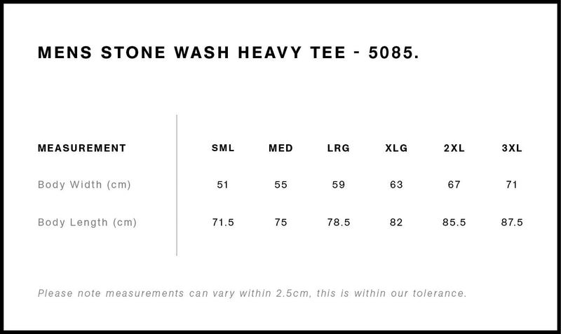 Size Chart for AS Colour Stone Wash Heavy Tee 5085