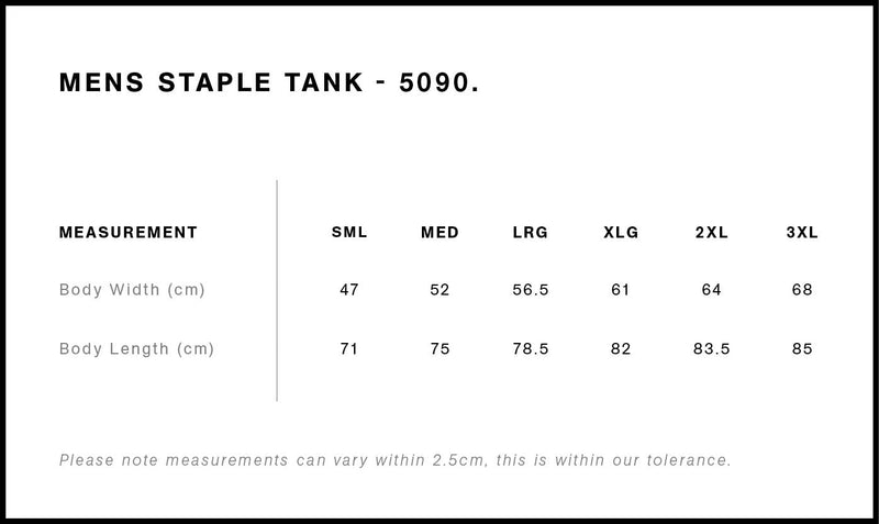 Size Chart for AS Colour Staple Tank 5090