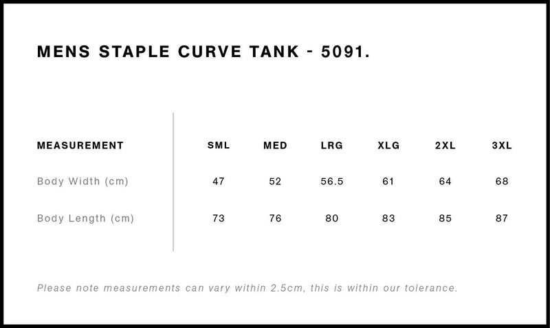 Size Chart for AS Colour Staple Curve Tank 5091