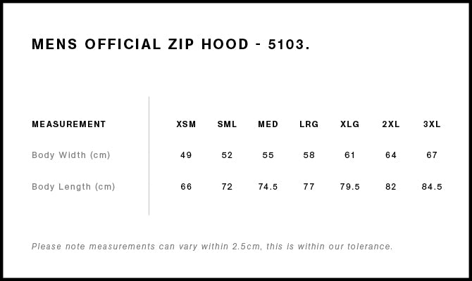 Size Chart for AS Colour Official Zip Hood 5103
