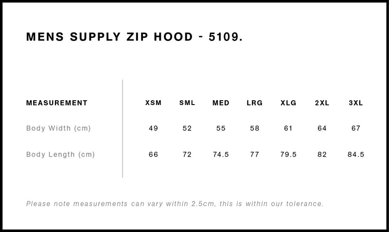 Size Chart for AS Colour Supply Zip Hood 5109
