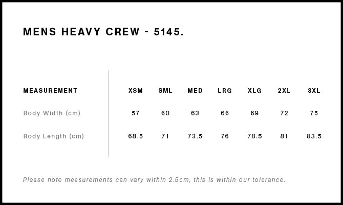 Size Chart for AS Colour Heavy Crew 5145