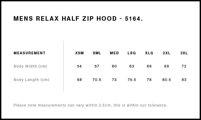 Size Chart for AS Colour Relax Half Zip Hood 5164