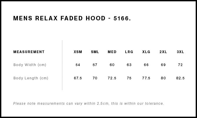 Size Chart for AS Colour Relax Faded Hood 5166