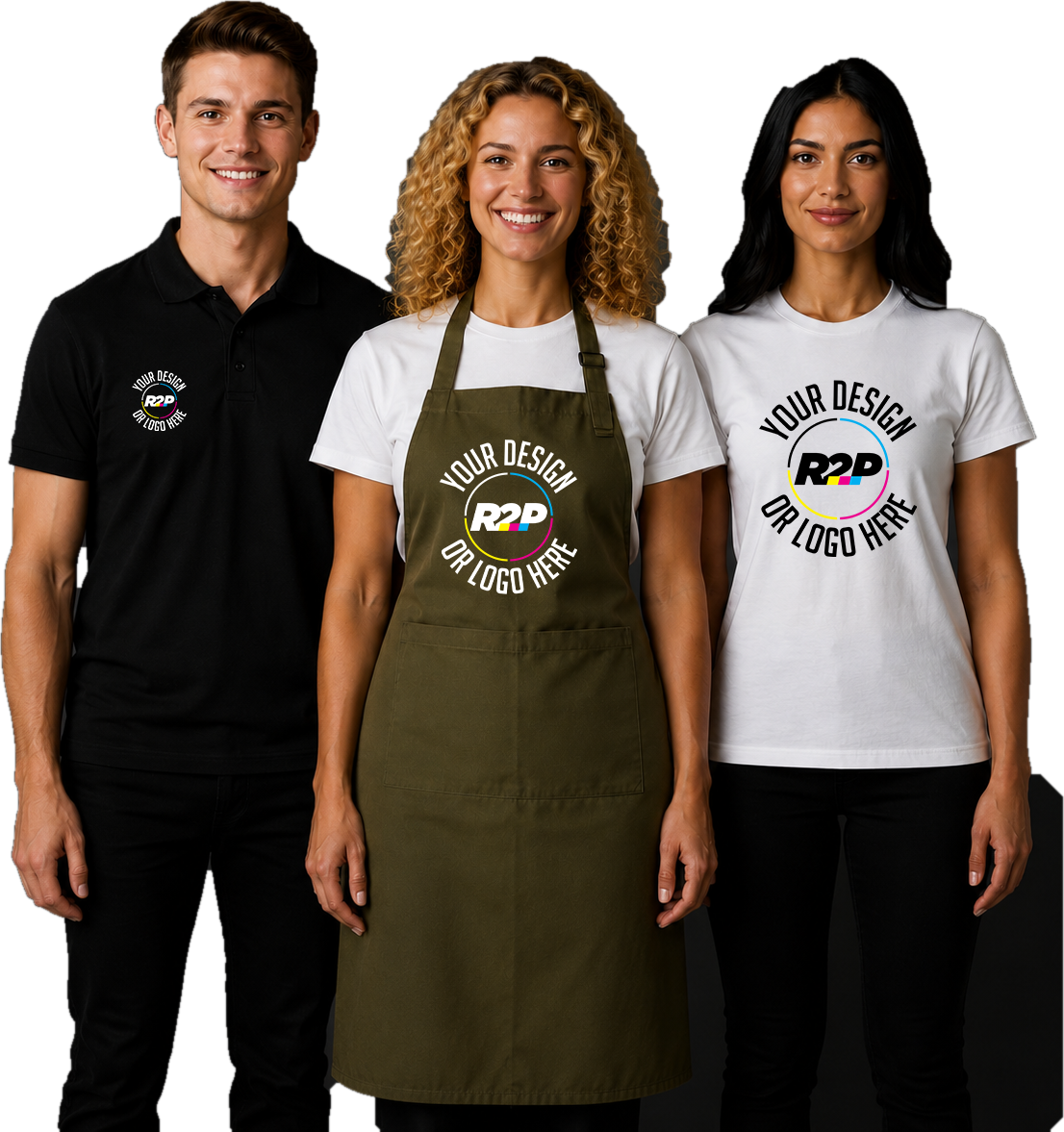 Three adults wearing a custom printed polo, apron and T-shirt with READY2PRESS branding